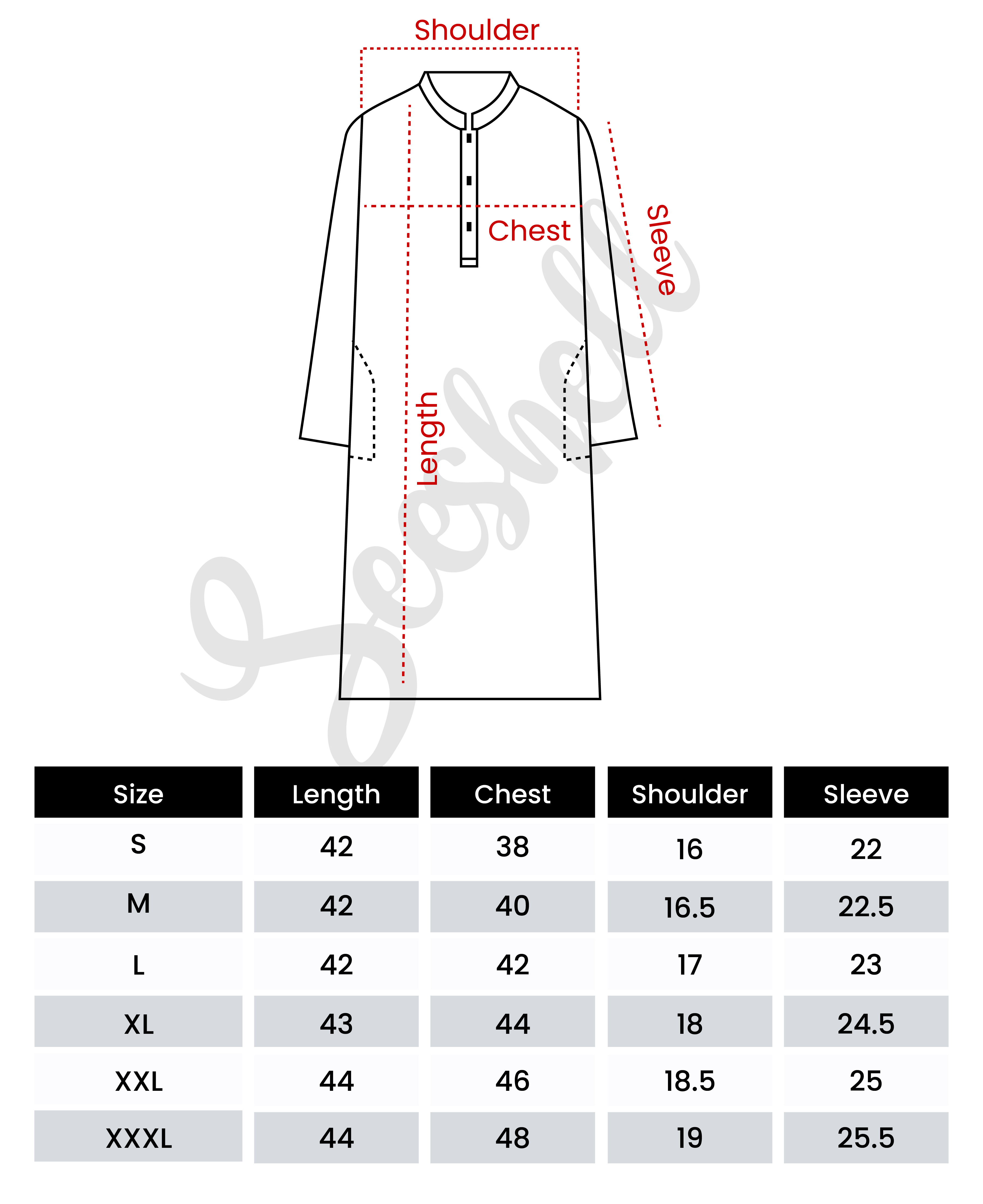Men's Panjabi Size Chart (Regular fit)