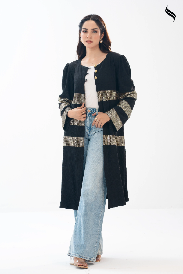Black Crushed Viscose Outerwear With Gold Accent Vertical Stripes