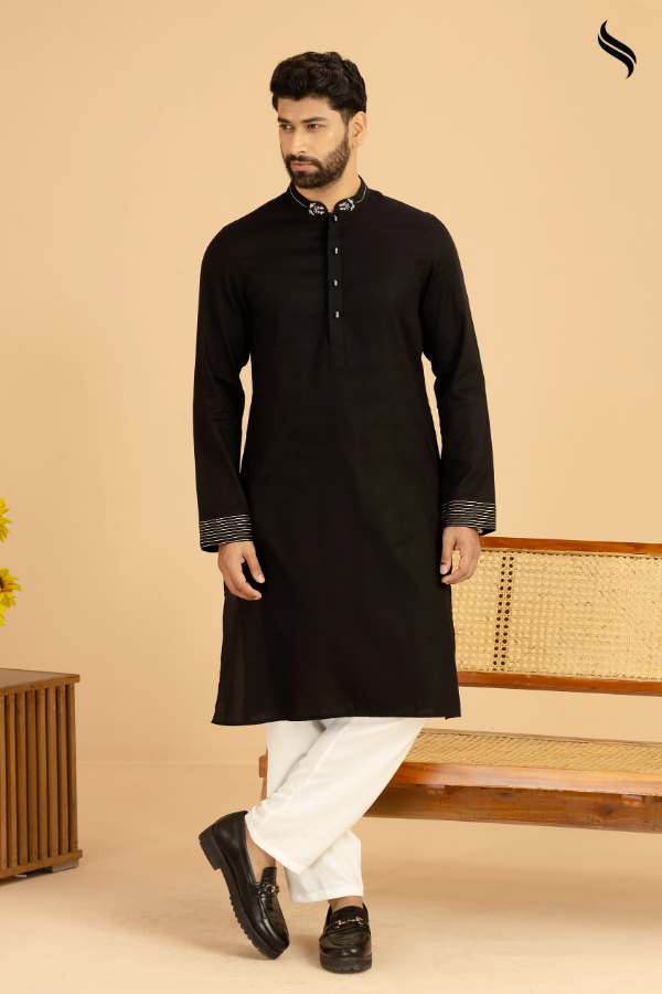 Black Refined Panjabi With Ornate Zardozi Embellishments