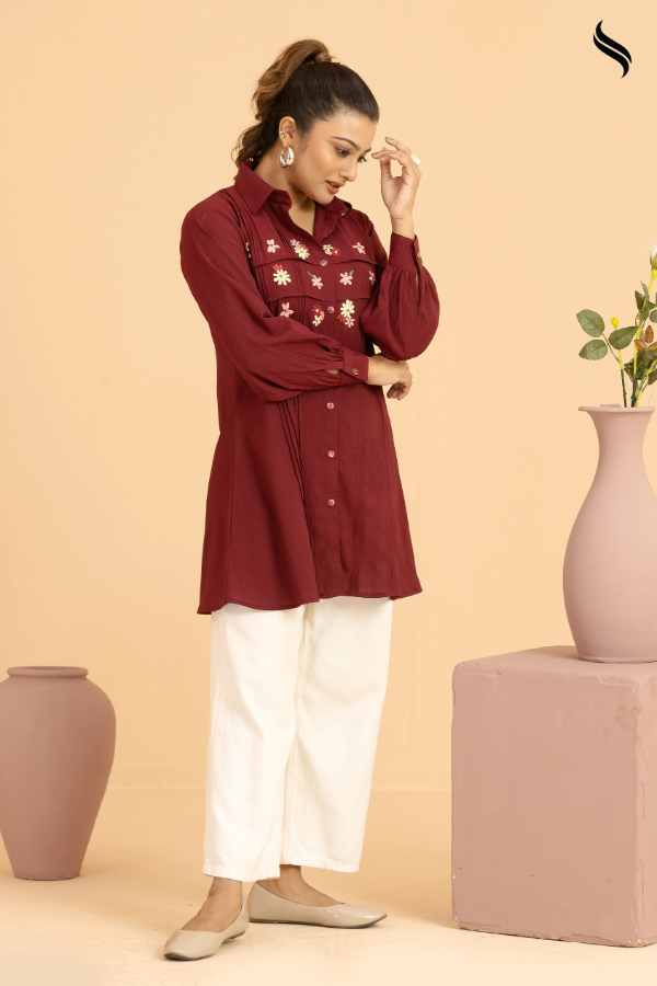 SEESHELL Women's Top Silk Blend Lace Applique Burgundy