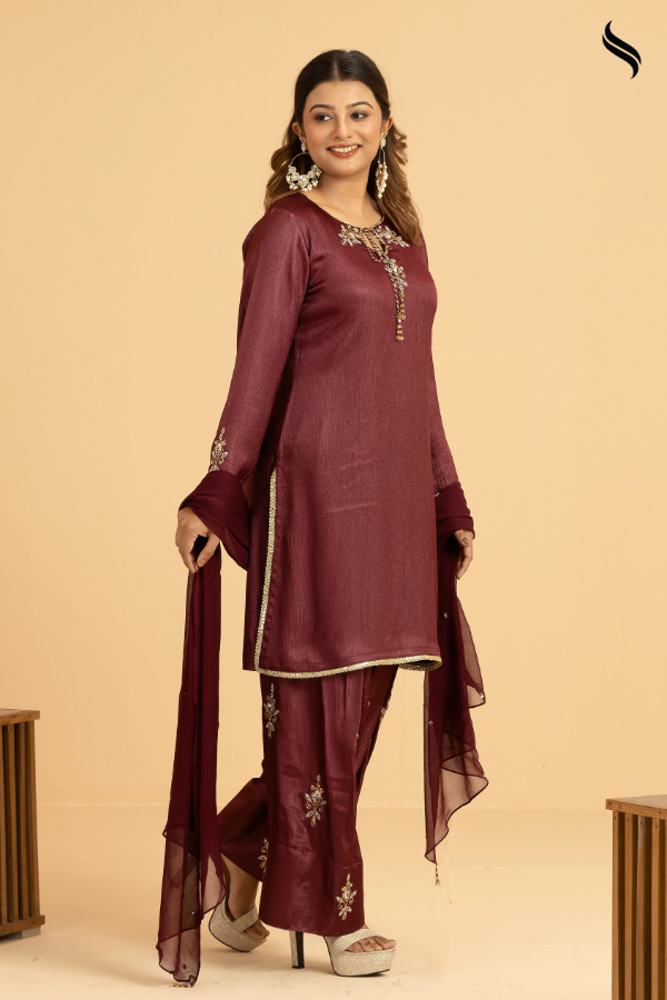 SEESHELL Women's Three Piece Zari Silk Karchupi Burgundy