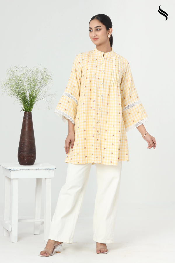 SEESHELL Women's Top Cotton Pintuck Pattern Checkered Yellow