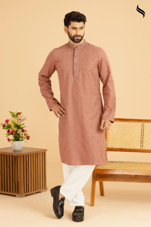 SEESHELL Men's Panjabi Jacquard Cotton Handwork Chestnut Brown