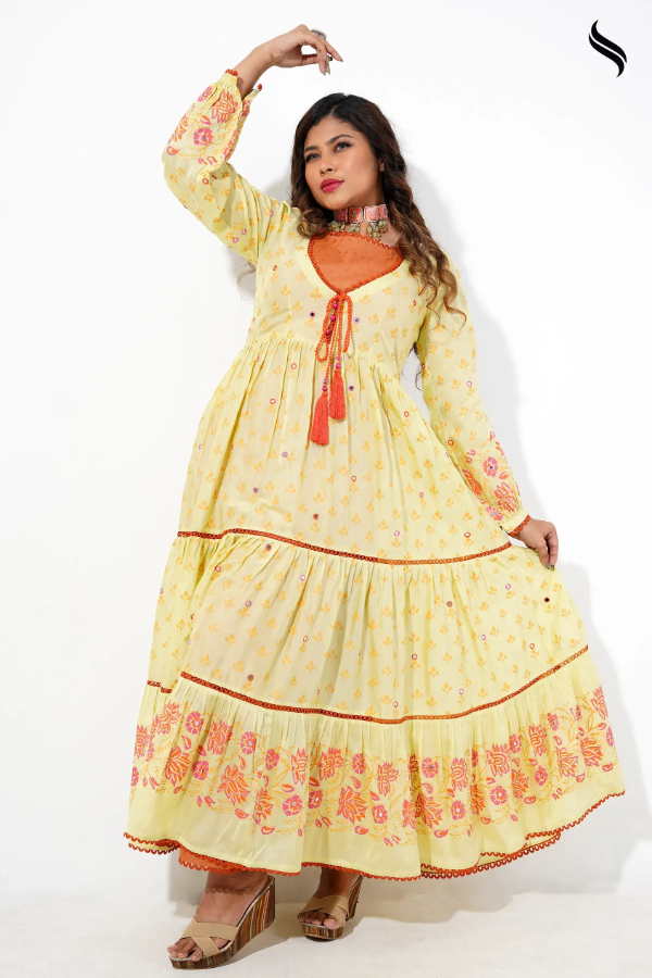 Cotton Anarkali With Block Print And Mirror Work