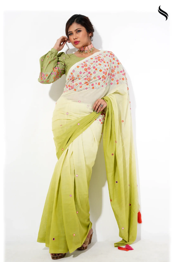 Floral Block Printed Ombre Cotton Saree With Mirror Work