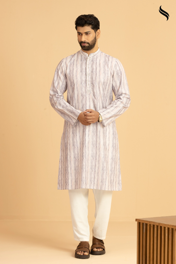 SEESHELL Men's Panjabi Blended Silk Zardosi Stripe Lavender