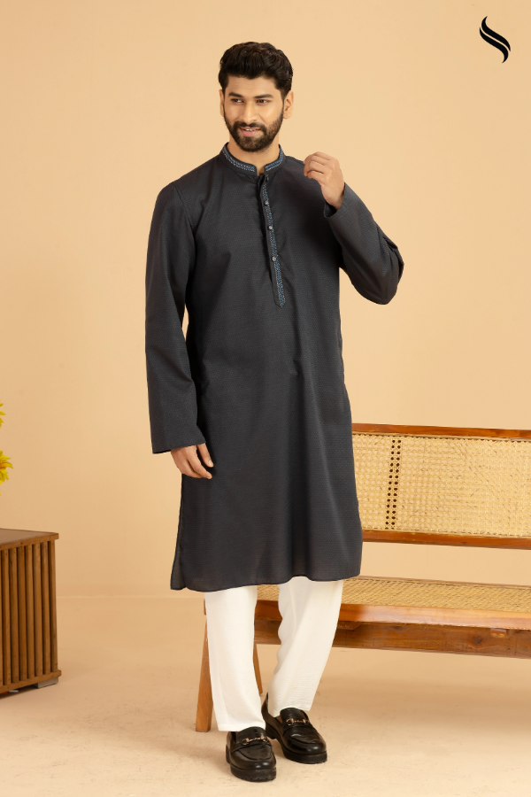 SEESHELL Men's Panjabi Blended Silk Embroidery Midnight Blue