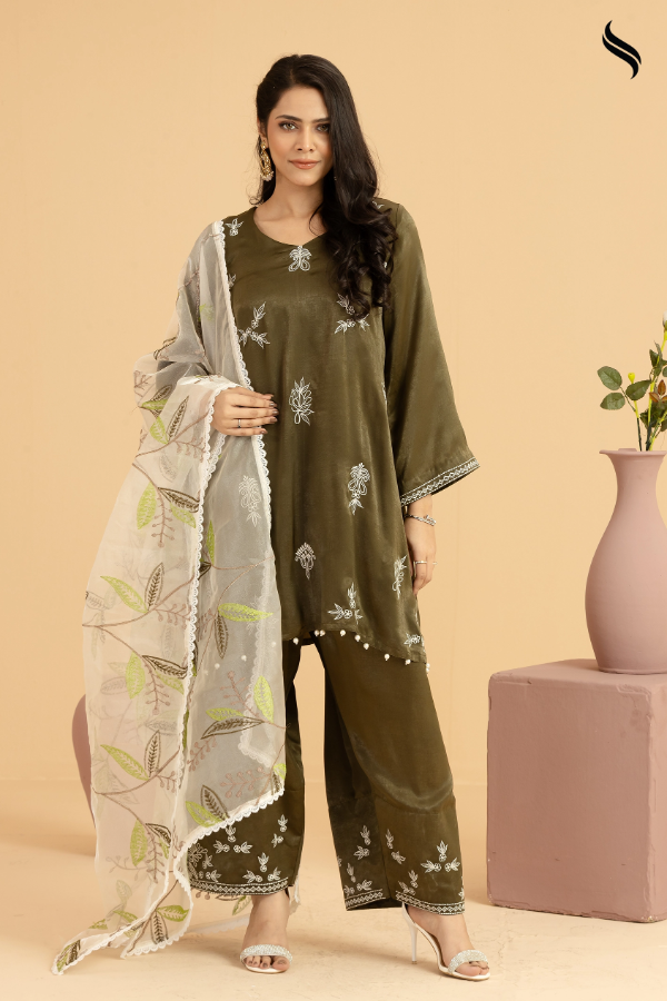 SEESHELL Women's Three Piece Blended Silk Embroidery Moss Green