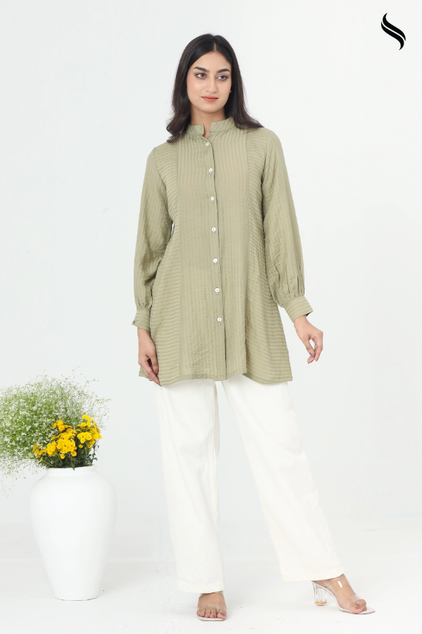 SEESHELL Women's Top Premium Cotton Button Olive Green