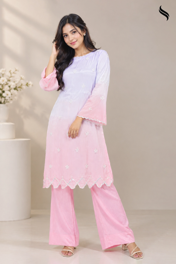 SEESHELL Women's 2pcs Boat Neck Zari Silk Ombre