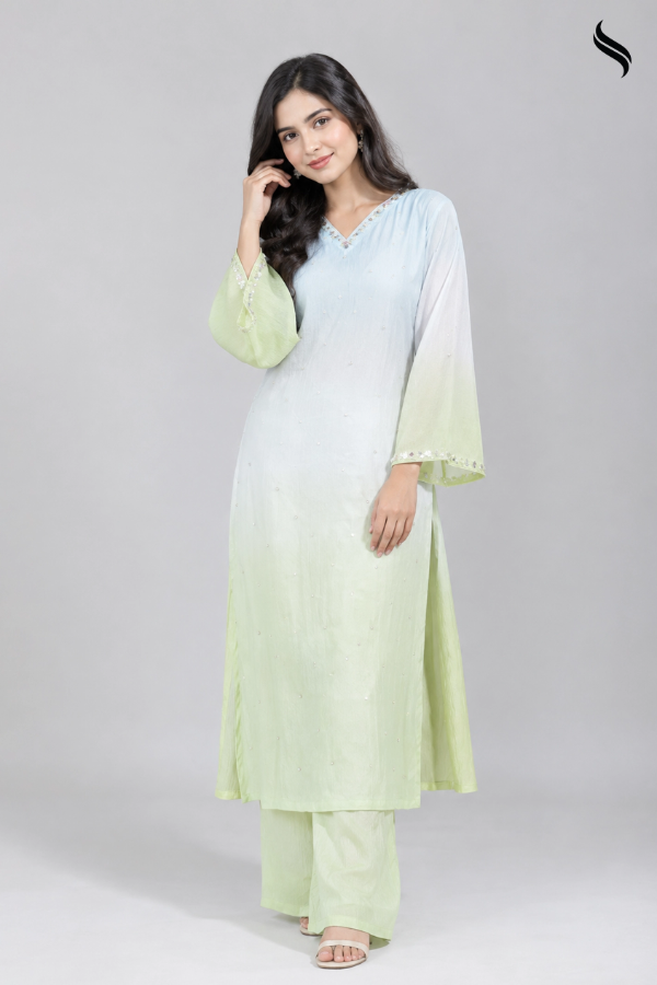 SEESHEEL Women's 2pcs V Neck Zari Silk Mint Peach Ombre