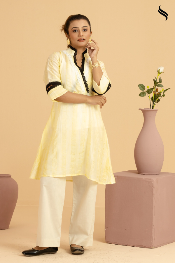 SEESHELL Women's Co-Ords Blended Cotton Lace Pale Yellow