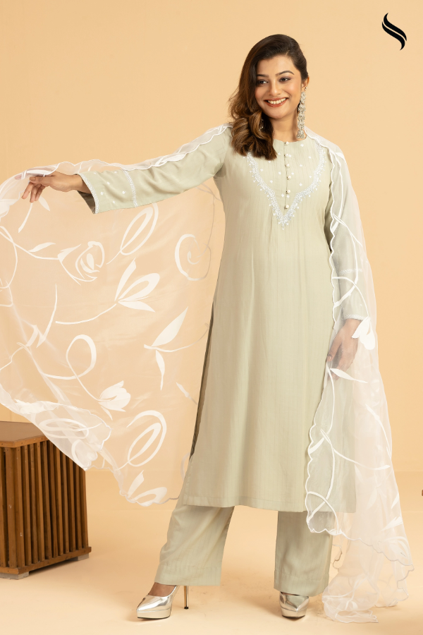 SEESHELL Women's Three Piece Blended Silk Pistachio White