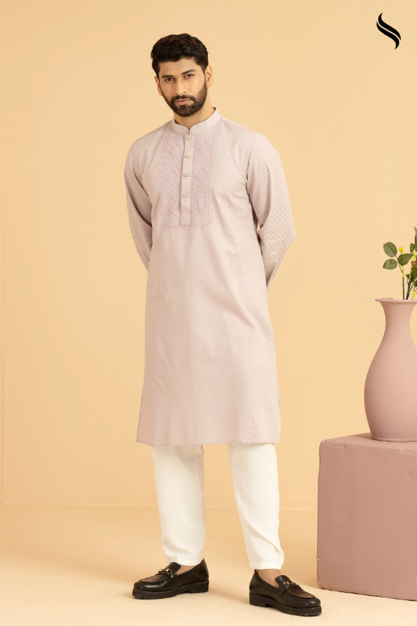 SEESHELL Men's Panjabi Artisanal Embroidery Dusty Rose