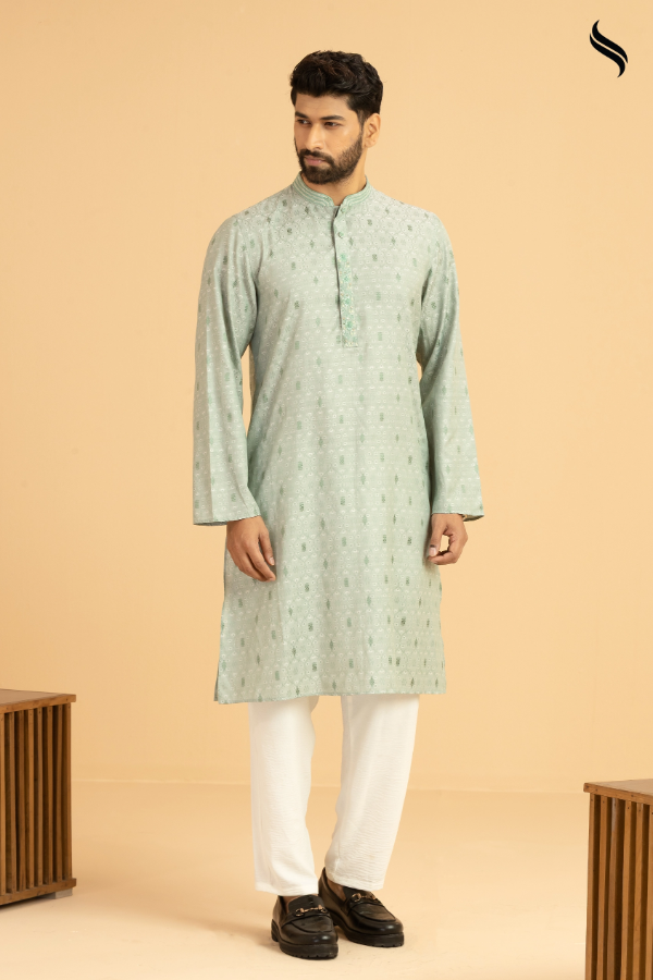 SEESHELL Men's Panjabi Blended Silk Tambour Beadwork Mint