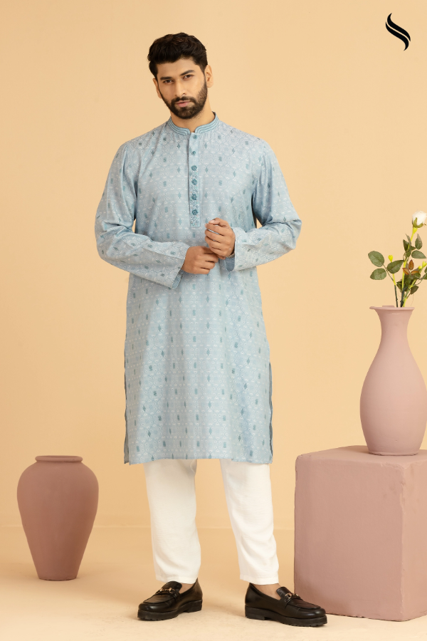 SEESHELL Men's Panjabi Beaded Tambour Work Powder Blue