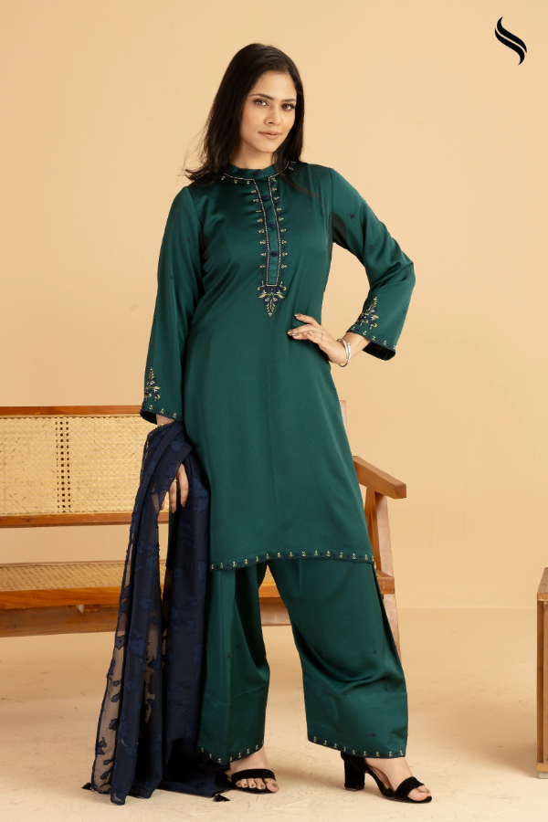 SEESHELL Women's Three Piece Crepe Silk Green Royal Blue