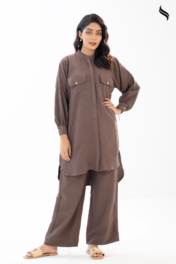 SEESHELL Women's Co Ord Blended Silk Chest Pockets Wenge Brown