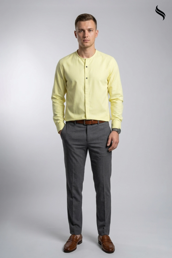 SEESHELL Men's Crew Neck Shirt Tensile Cotton Yellow