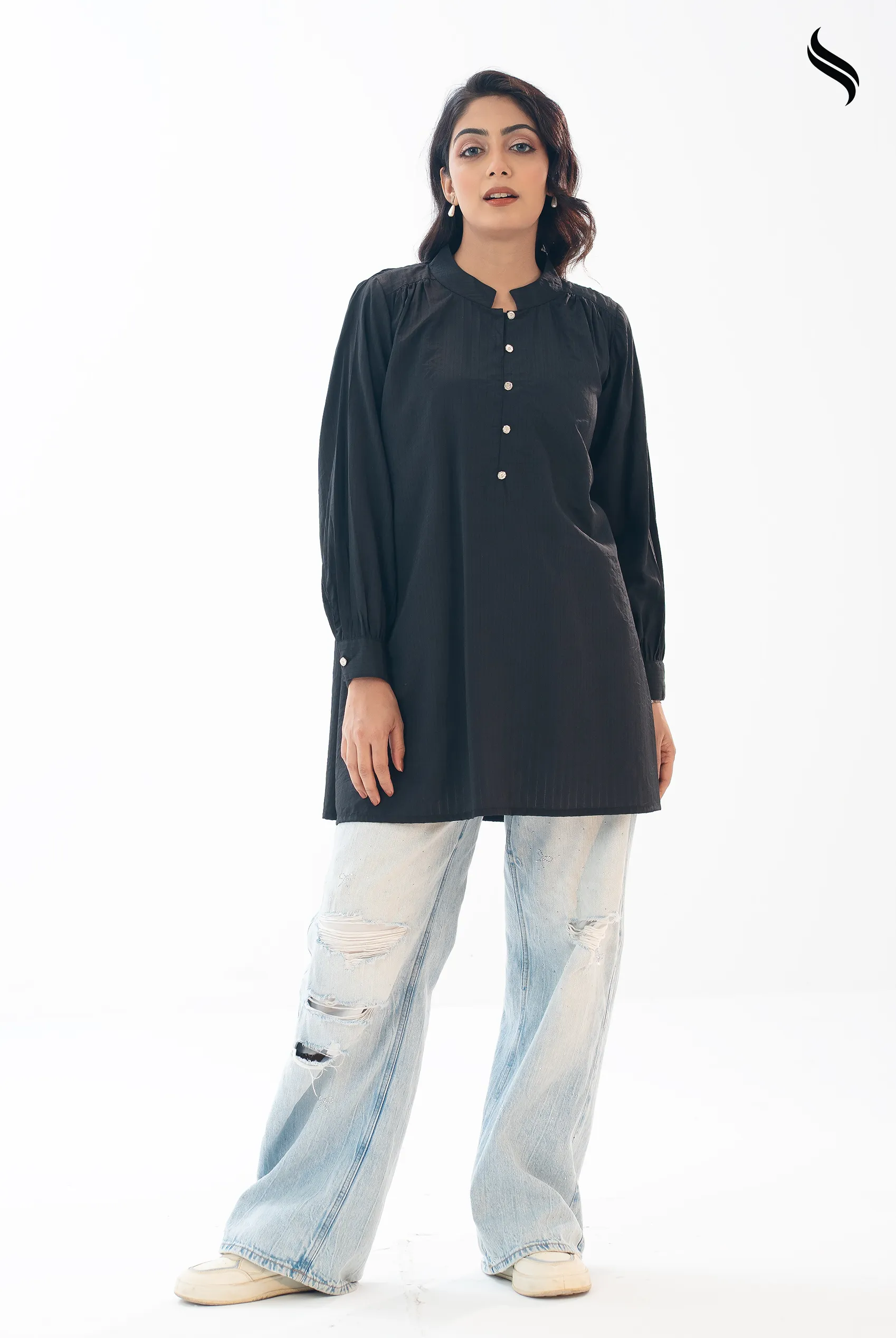 SEESHELL Women's Top Blended Silk Minimalist Cut & Sew Black