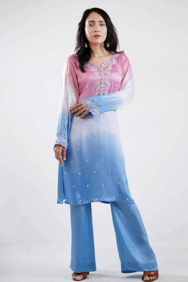 Ombre Silk Two Piece Set With Scalloped Neckline