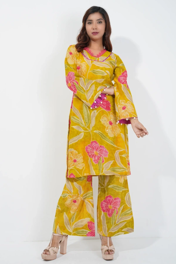 Floral Printed V-neck Set With Pearl Embellishment
