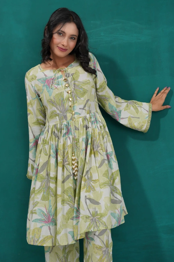 Floral Printed Frock Set With Pearl Tassels — 2