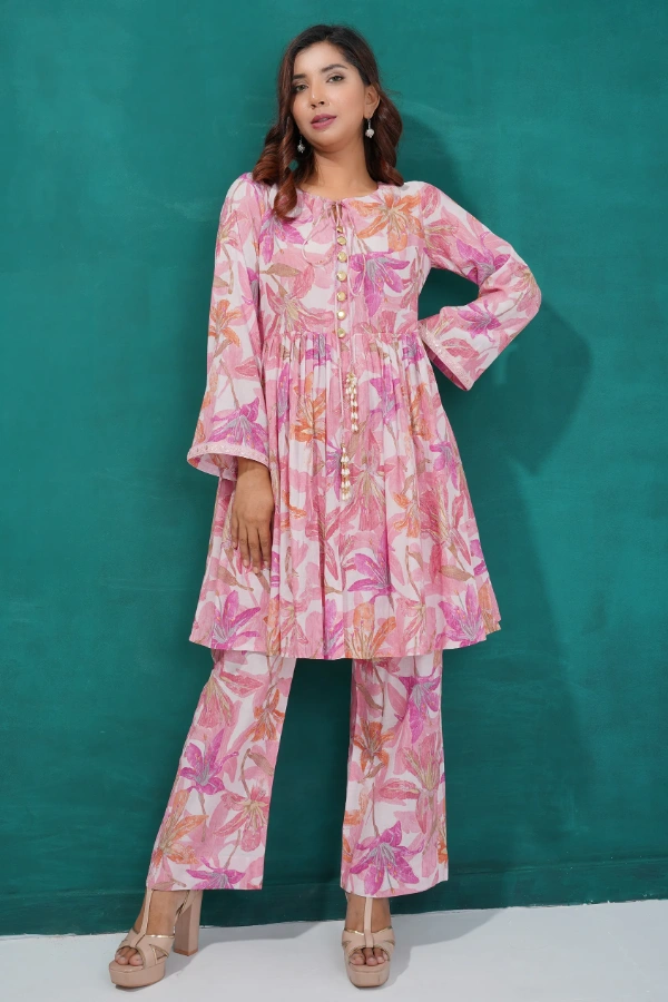 Floral Printed Frock Set With Pearl Tassels