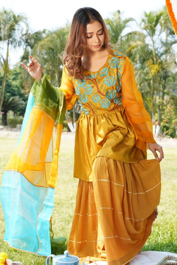Mustard Yellow Gharara Set With Blue Floral Work — 3