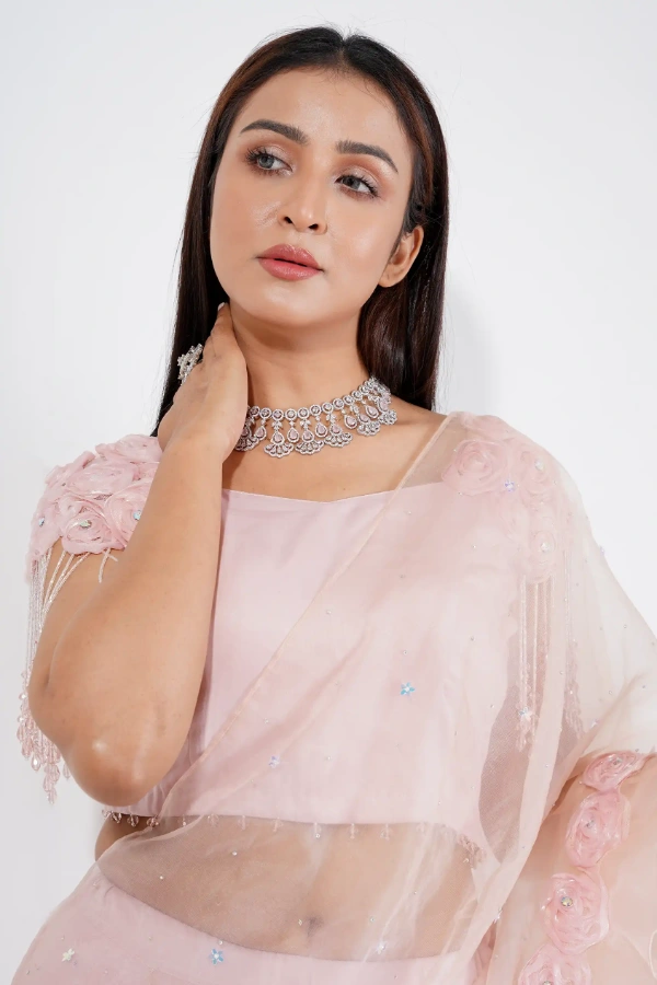Ready To Wear Baby Pink Muslin Saree — 3