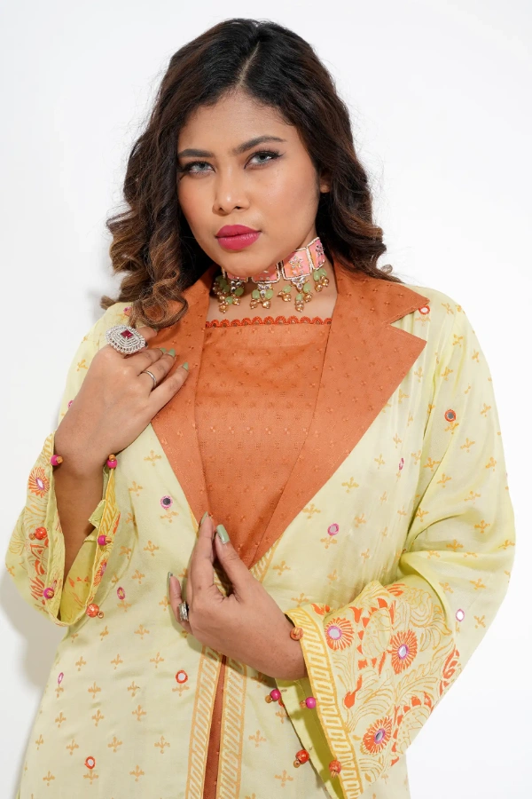 Cotton Coatie Set With Block Print And Mirror Work — 3