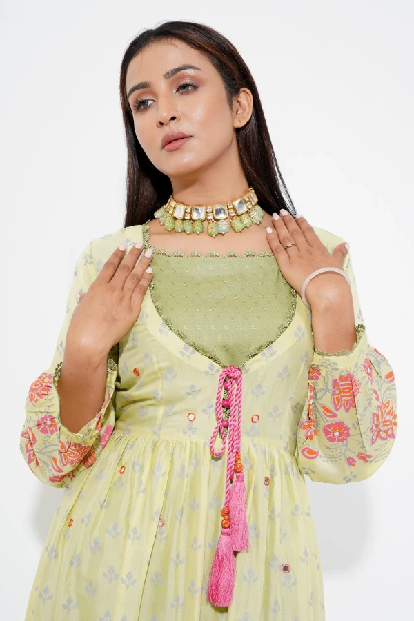 Cotton Anarkali With Block Print And Mirror Work — 3