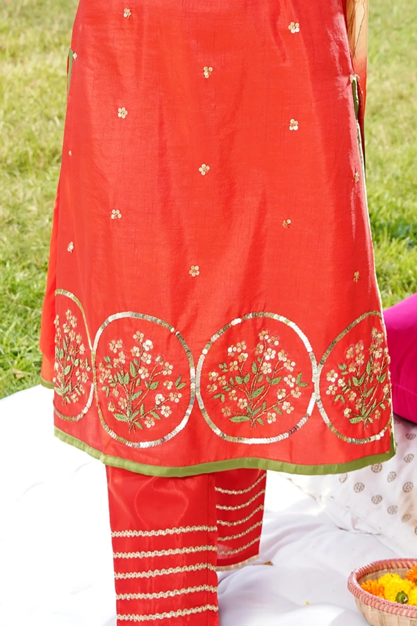 Orange-red Three Piece Set With Zardousi Work — 3