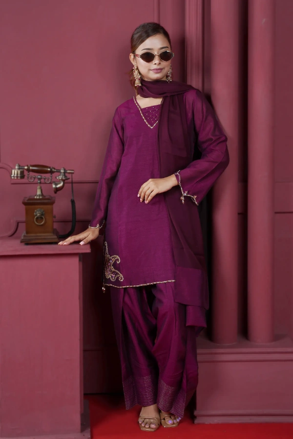Farsi Three Piece Set With Zardosi Work On Hemline Border