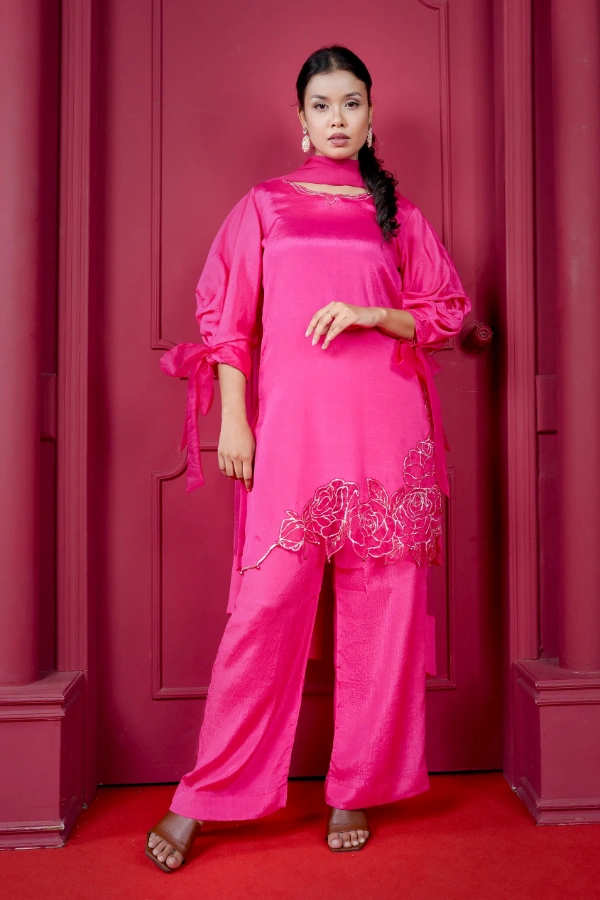 Farsi three piece set with karchupi zardosi work and rose sleeves — 2