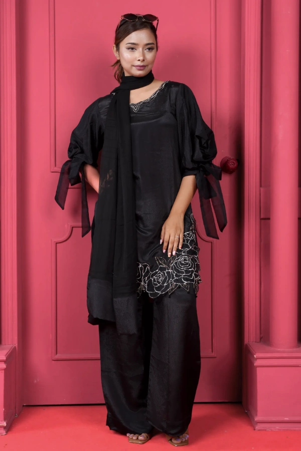 Farsi Three Piece Set With Karchupi Zardosi Work And Rose Sleeves