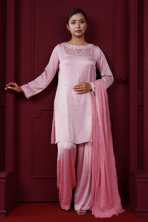 Farsi Three Piece Set With Karchupi Stone And Bead Work