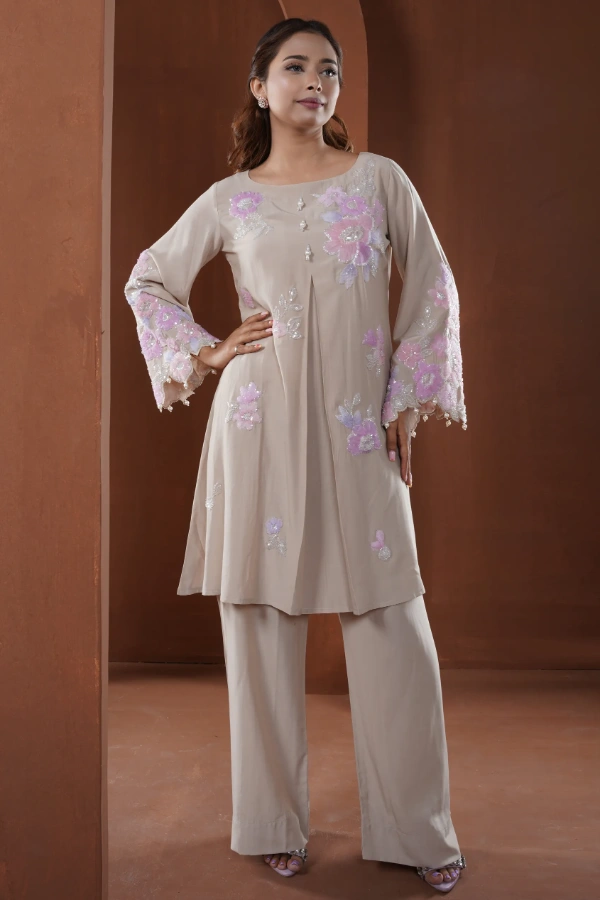 Embroidered Pastel Floral Applique Two Piece Set
