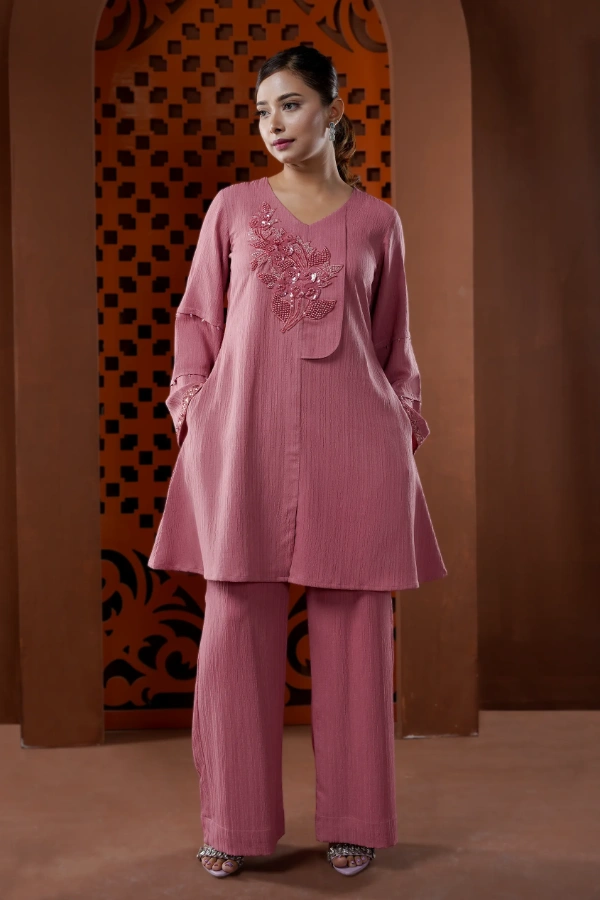 Monochromatic Two Piece  Assymetric Set With Lace Appliques