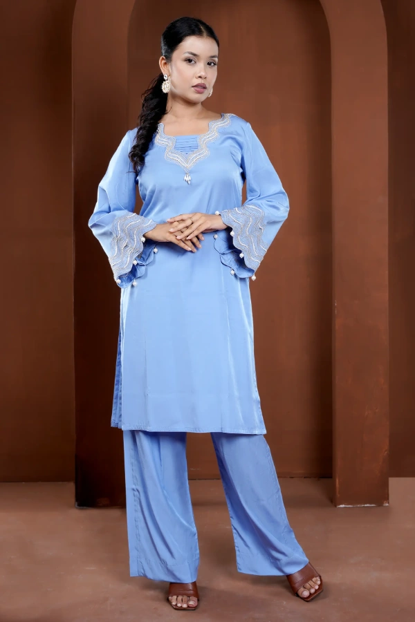 Embroired Wave Pattern Two Piece Set With Pearl Work