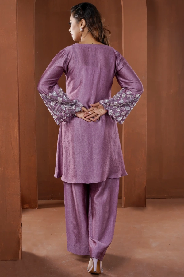 Shirt style two piece set with embroidered geometric applique — 4