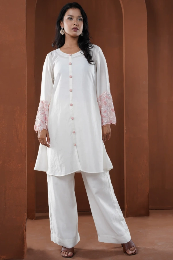 Shirt Style Two Piece Set With Embroidered Geometric Applique