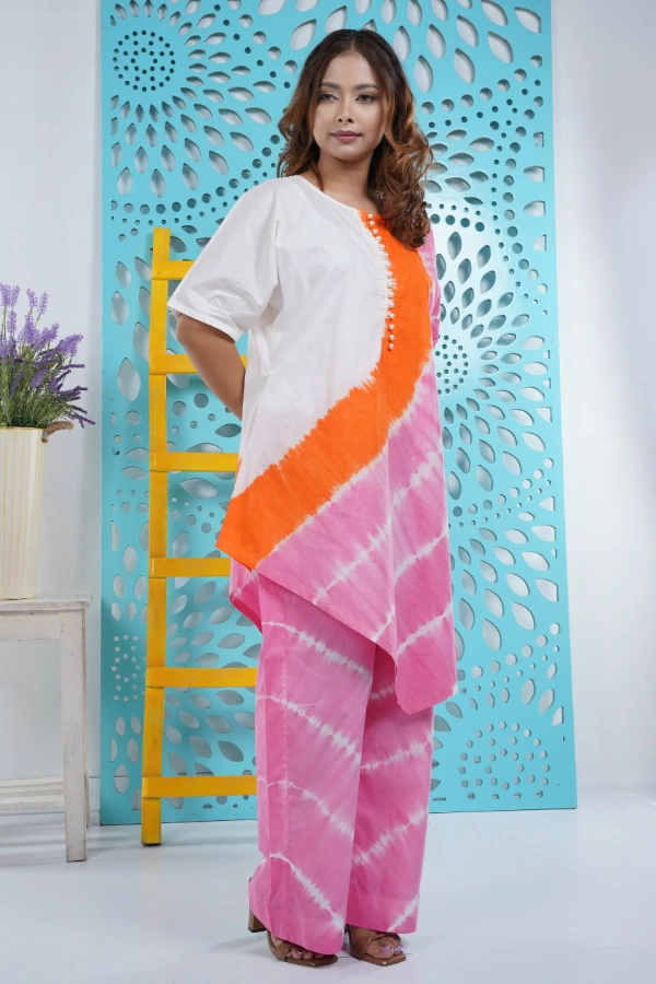 Orange and pink assymetric tie dye two piece set — 3