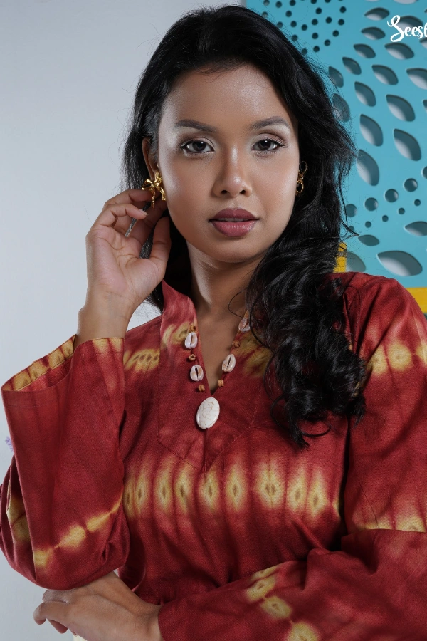 Brink And Yellow Tie Dye Two Piece Set With Shell Beading