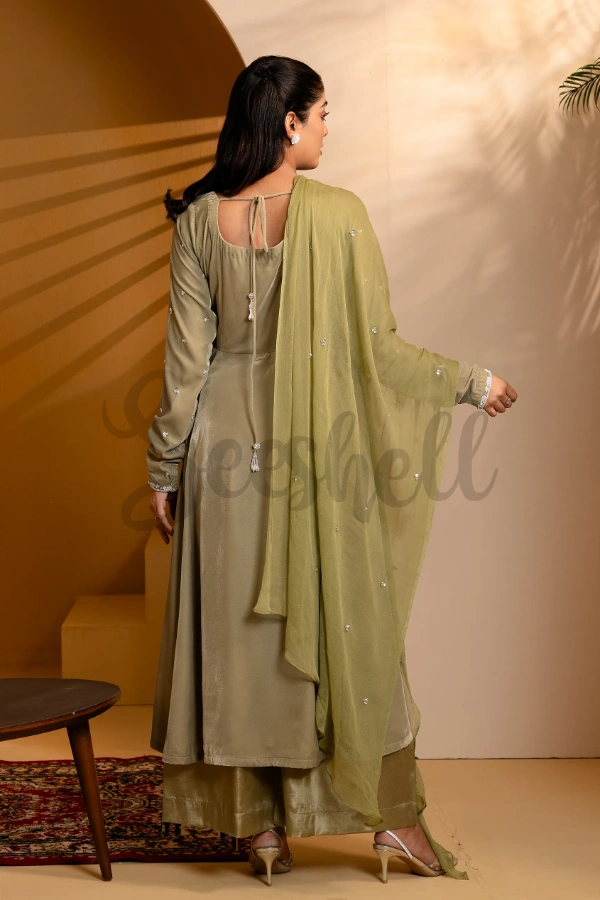 Light Olive Karchupi 3 Piece Velvet Anarkali Set with All Over Buti Work — 3