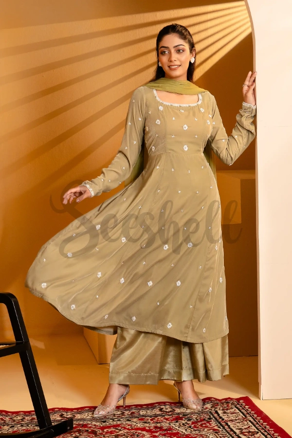 Light Olive Karchupi 3 Piece Velvet Anarkali Set with All Over Buti Work — 4