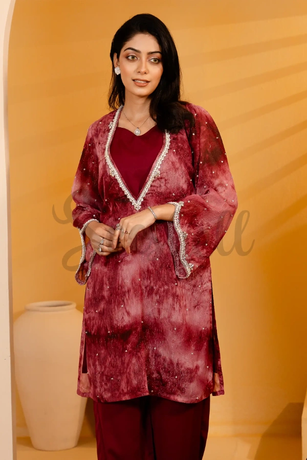 Crimson Red Karchupi 2 Piece Set with Long Wavy V-neck — 3