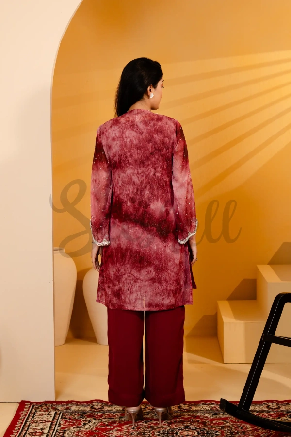 Crimson Red Karchupi 2 Piece Set with Long Wavy V-neck — 4