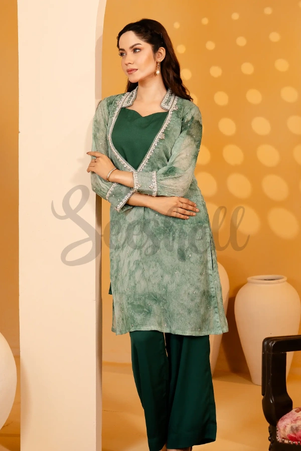 Dark Green Karchupi 2 Piece Set with Long V-neck — 4