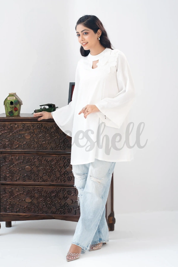 White Premium Silk Top with 3D Flower Yoke — 3